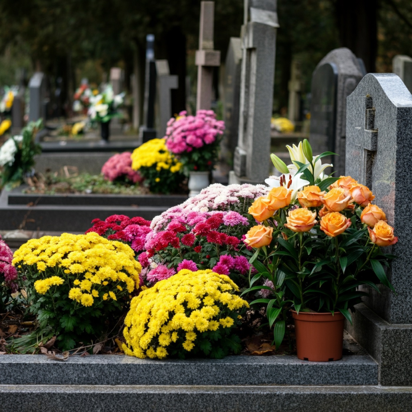 Bouquet de chrysanthèmes déposé sur une tombe