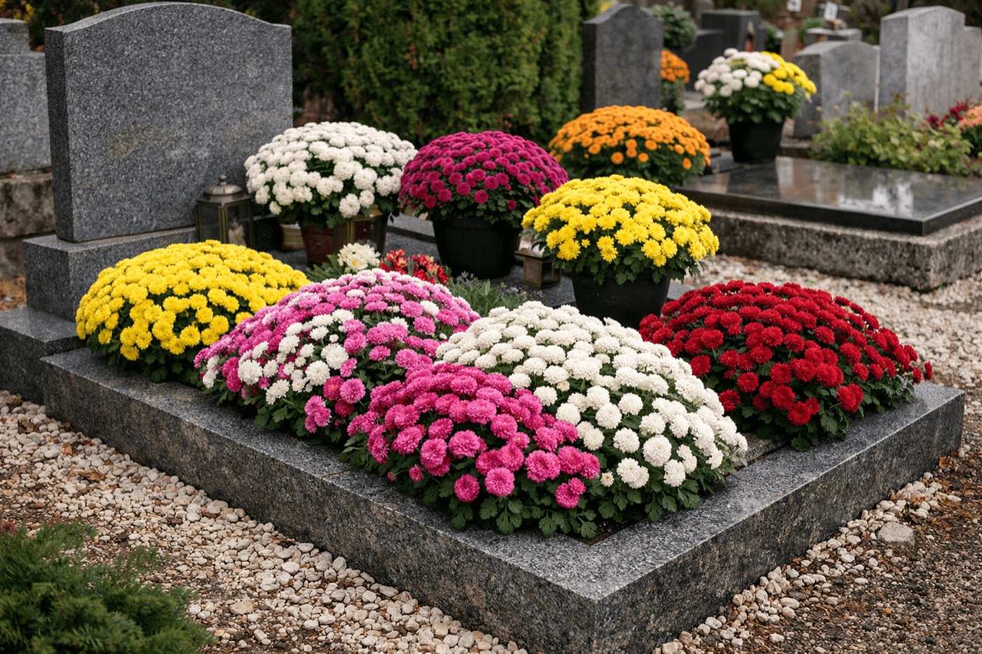 Chrysanthèmes multicolores sur une tombe